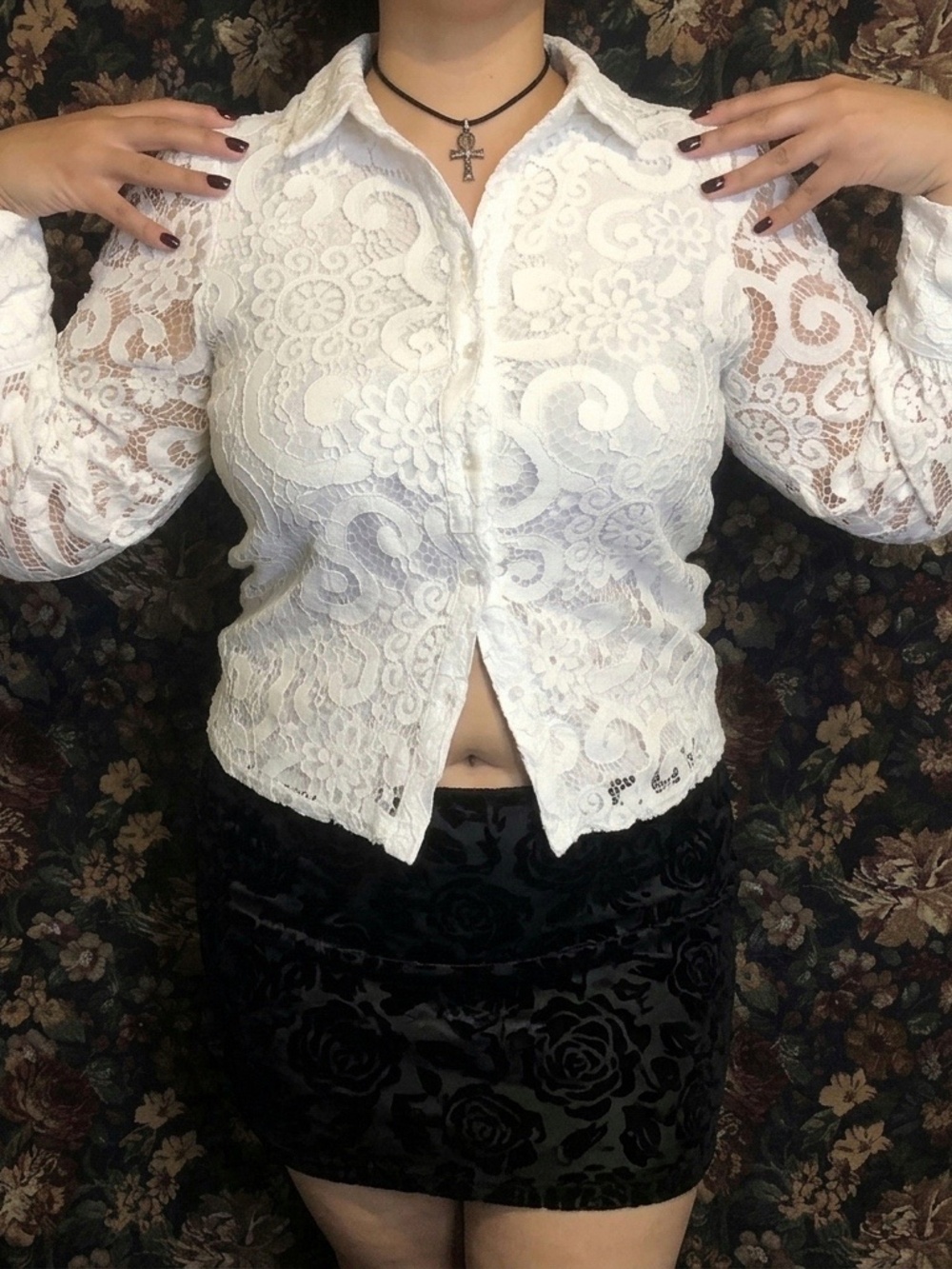 Nanette Lepore 90s Style White Floral Lace Blouse - Size Large